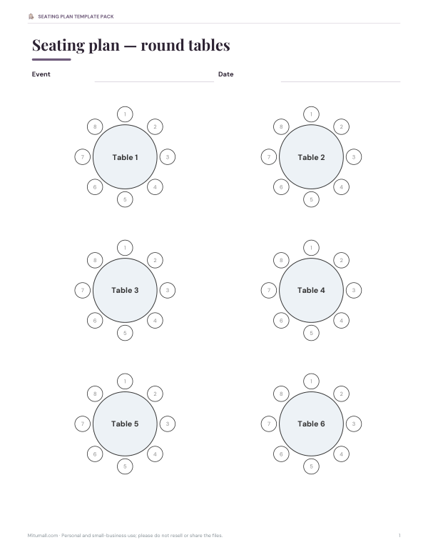 Preview of Printable Round Table Seating Plan
