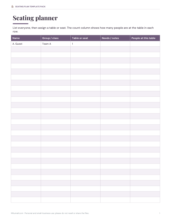 Preview of Printable Seating Planner Template